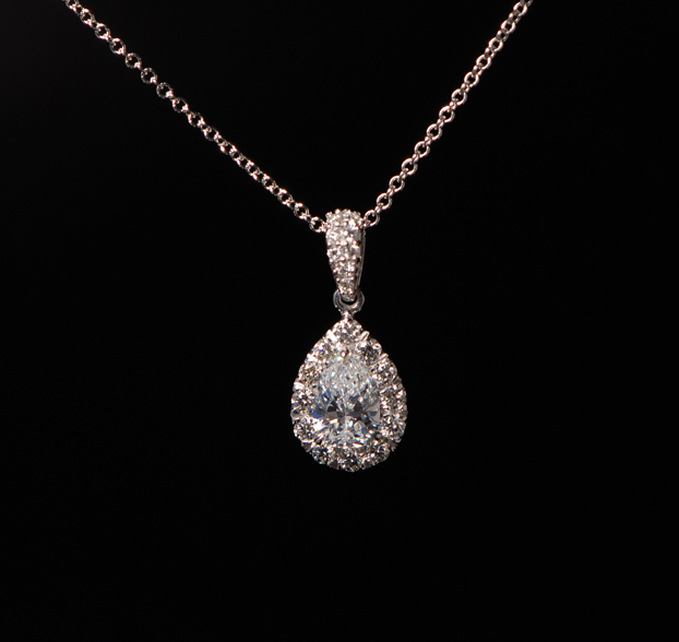 Pear Shaped Diamond in Halo Pendant | K & W Jewelry - Kestenbaum & Weisner